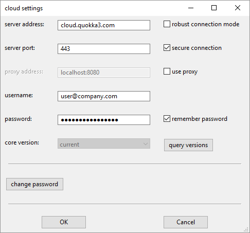 cloud settings dialog showing default values